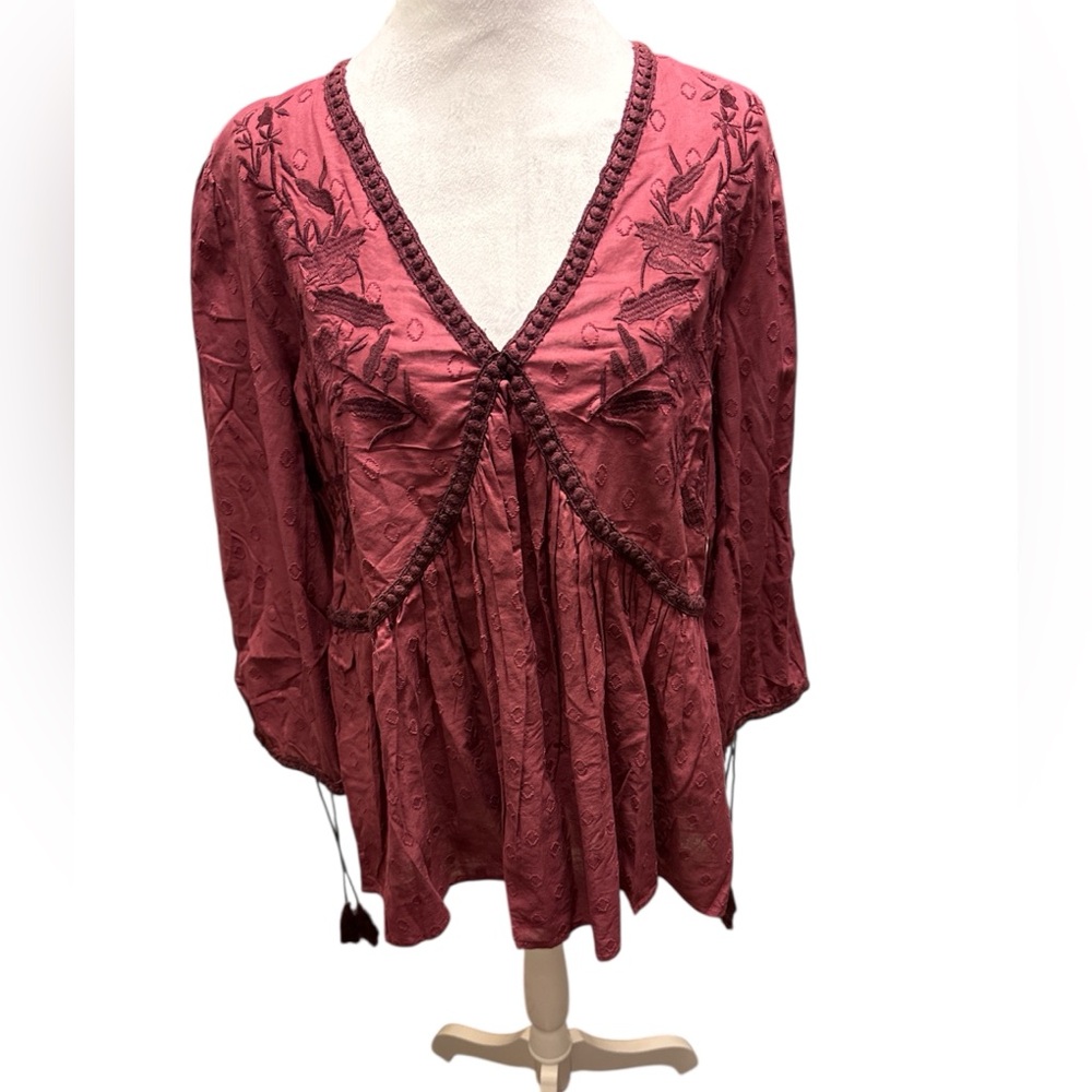 Women's bohemian Burgundy Embroidered Top